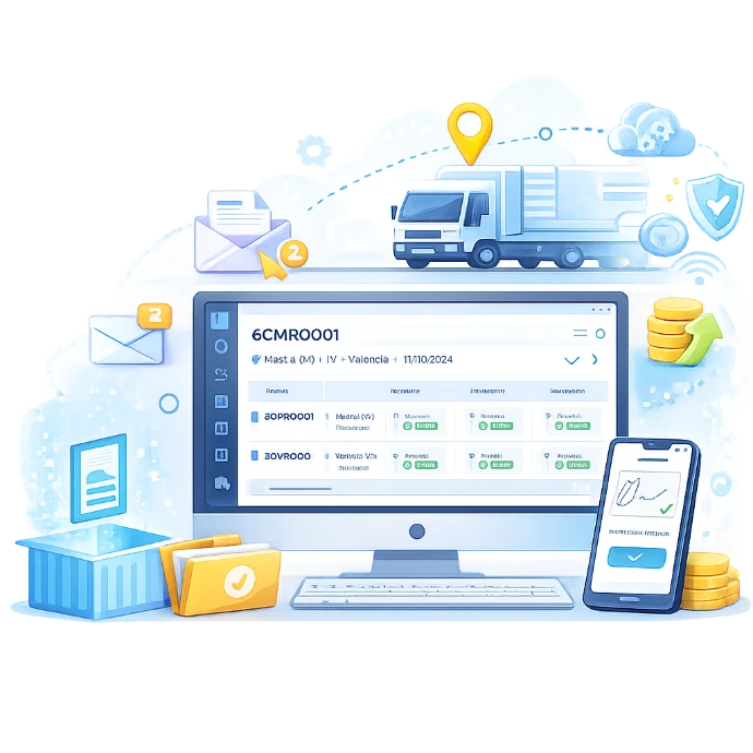 Digitaliza tu operativa con ecmr electrónico y carta de porte digital. Gestiona tus documentos transporte digital, firma con firma digital transporte y cumple con el documento control digital gracias a un software ecmr diseñado para la digitalización transporte y el cmr digital transporte en España.