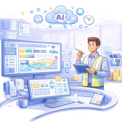 Ilustración de planificación transporte con IA dentro de un software TMS logística, mostrando la gestión flota transporte, la gestión recursos transporte y la optimización operativa en tiempo real mediante ia transporte logística y planificación logística digital.