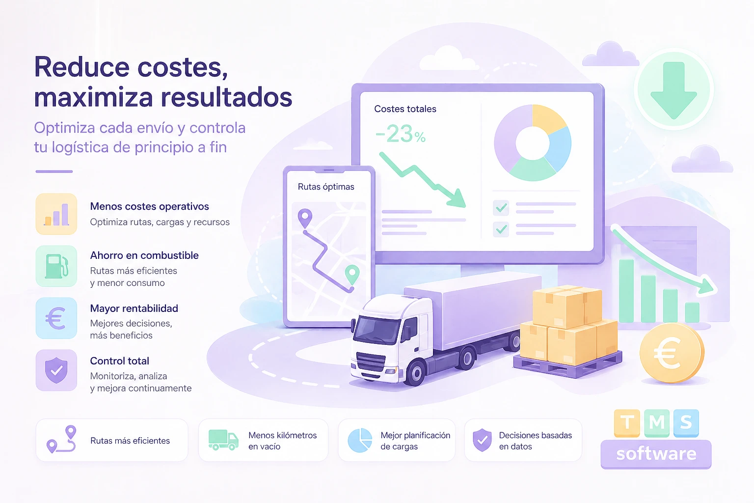 Reducción de costes de transporte mediante optimización logística, control de costes operativos, mejora de rentabilidad y eficiencia en la gestión del transporte.