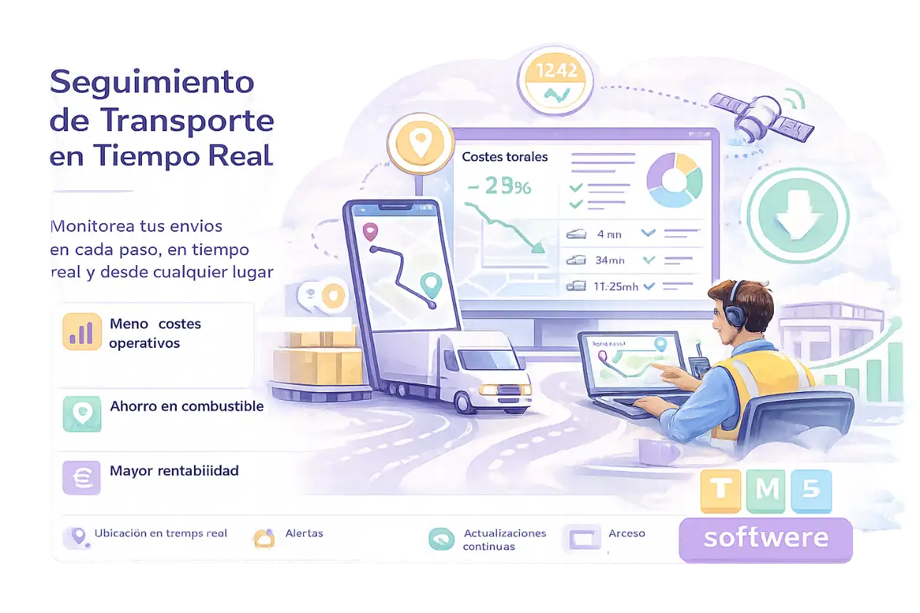 Seguimiento de transporte en tiempo real con tracking logístico, control de flota GPS, cálculo de ETA y visibilidad completa de envíos en plataformas digitales.