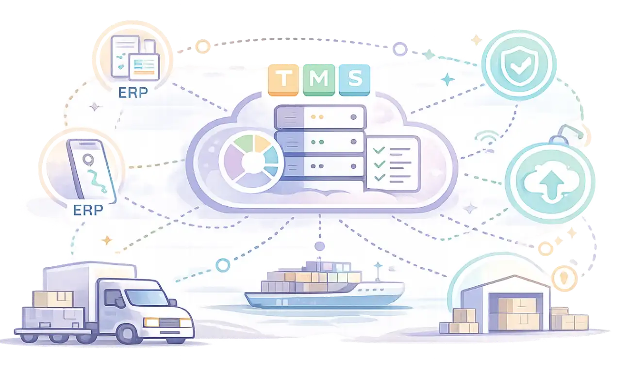 Software logístico en la nube con TMS cloud, gestión de transporte online, infraestructura escalable y plataforma digital para optimizar operaciones logísticas.