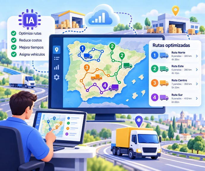Distribución capilar con software TMS e IA para planificación de rutas, múltiples paradas y optimización de entregas en España y Portugal.