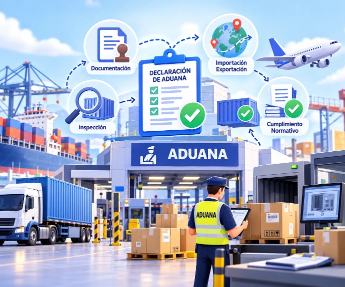 ilustración del módulo Aduanas integrado en un Software TMS, mostrando la gestión digital de documentación aduanera, exportaciones, importaciones y cumplimiento normativo de forma centralizada.